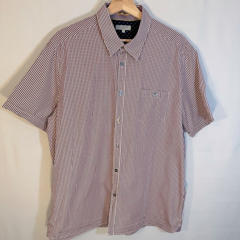 Ted Baker London Cotton Mens Gingham Checker Purple Cream Short Sleeves Shirt 7